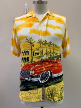 KAMRO, Yellow, Dijon Yellow, White, Dk Green, Red, Polyester, Print, S/S, Button Front, Collar Attached, Car Print