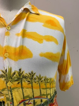 KAMRO, Yellow, Dijon Yellow, White, Dk Green, Red, Polyester, Print, S/S, Button Front, Collar Attached, Car Print
