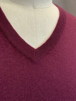 Mens, Pullover Sweater, SAKS FIFTH AVE, Red Burgundy, Cashmere, Solid, L, Knit, V-Neck, L/S