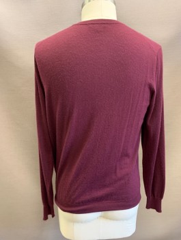 Mens, Pullover Sweater, SAKS FIFTH AVE, Red Burgundy, Cashmere, Solid, L, Knit, V-Neck, L/S