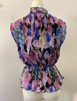 GIANNI, Purple, Multi-color, Polyester, Floral, V-N, Ruffle Band Collar, Ties at Neck, Blue, Yellow, Pink Flowers, Pleated, Slvls,