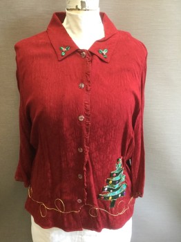 T & COMPANY, Red, Iridescent Green, Gold, Multi-color, Rayon, Holiday, Novelty Pattern, Red Textured Gauze, 3/4 Sleeve Button Front, Collar Attached, with Novelty Christmas Appliqués Throughout, Including Metallic Green Ribbon Christmas Tree with Multicolor Decorations at Side Near Hem, Green Ribbon Leaves with Pink Bead "Berries" on Either Tab of Collar, and Gold Metallic Looped Cord at Hem