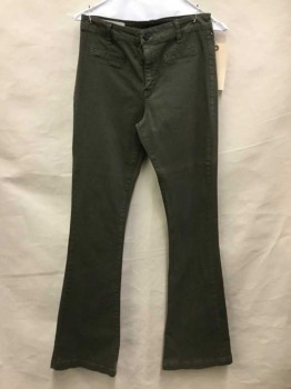 Womens, Pants, Sanctuary, Olive Green, Cotton, Spandex, Solid, 27, Mid Rise, Flat Front, 4 Pockets 2 Of Them Horizontal Welt In Front, Horizontal Hanger Burn On Thighs, Wide Hem