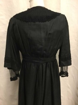 NO LABEL, Black, Silk, Solid, V-neck, Cross Front, Attached Waist Sash, Lace Detail, Short Sleeve,  Mesh and Lace Fitted Sleeve Under Layer, Clasp Closures Down Front, Mesh/Lace Collar Overlay,
