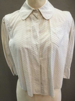 N/L, Cream, Brown, Cotton, Diamonds, Stripes - Pin, Cream with Brown Dotted Pinstripes and Tiny Diamonds Calico, 3/4 Sleeve, Hook & Eye Closures At Center Front, Rounded Collar Attached, 1.5" Pleat At Either Shoulder, Puffy Sleeves with Gathered Shoulders, Self Ties At Center Back Waist,