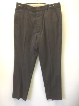 Mens, Slacks, ANDRE DE LEURE, Brown, Black, Polyester, Rayon, Speckled, Ins:30, W:32, Brown/Black Streaked Weave, Flat Front, Button Tab Waist, Zip Fly, 4 Pockets, Tapered Leg