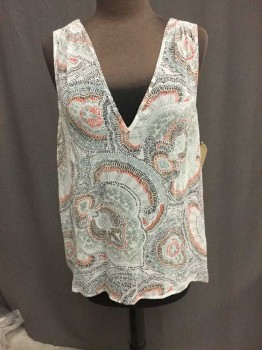 Womens, Top, JOIE, Off White, Red, Black, Peach Orange, Sage Green, Silk, Abstract , M, Silk Abstract Sleeveless V-neck, Top, Pull Over, See Photo Attached,