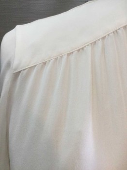 Womens, Blouse, POLO RALPH LAUREN, Cream, Silk, Solid, L, Long Sleeve Button Front, Stand Collar with Self "Pussy Bow" Ties at Neck, V-neck, Gathered at Shoulder Yoke