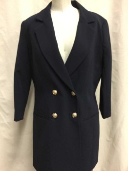 Womens, Blazer, MURAL, Navy Blue, Wool, Solid, M, Double Breasted, 3/4 Sleeve, Notch Lapel