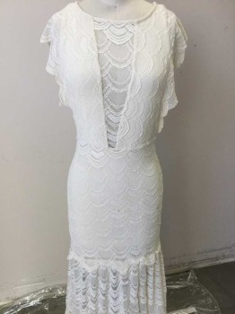 Womens, Evening Gown, NIGHT CAP, Cream, Polyester, Viscose, Novelty Pattern, 2, Cream Vertical Scale Lace Upper Top W/no Lining horizontal Scale Lace Deep V-neck Front & Back, Cap Sleeves, Self 3 Tiers Skirt, Pull Over
