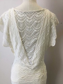 Womens, Evening Gown, NIGHT CAP, Cream, Polyester, Viscose, Novelty Pattern, 2, Cream Vertical Scale Lace Upper Top W/no Lining horizontal Scale Lace Deep V-neck Front & Back, Cap Sleeves, Self 3 Tiers Skirt, Pull Over