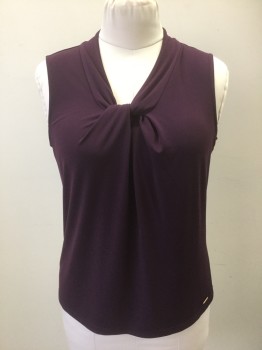 CALVIN KLEIN, Plum Purple, Polyester, Spandex, Solid, Poly Knit with Scoop Neck Front with Twist Front, Sleeveless