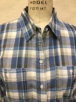 SANDRA INGRISH, Off White, Gray, Teal Blue, Dk Gray, Cotton, Plaid, (Doubles) Off White W/multi Gray, Teal Blue Plaid, Double White Top-stitch, Collar Attached, Button Front, 2 Pockets W/1 White Button, Long Sleeves,