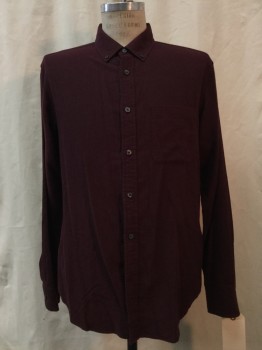 CLUB MONACO, Red Burgundy, Cotton, Solid, Burgundy, Button Front, Button Down Collar, Long Sleeves, 1 Pocket,