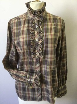 FILICE, Tan Brown, Red, Yellow, Green, Red, Polyester, Cotton, Plaid, Long Sleeves, Ruffle Down Button Front, Band Collar with Ruffle, Cuffs with Ruffle and 2 Buttons, Modeled on a Size 2,