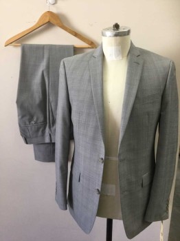 Mens, Suit, Jacket, BAR III, Lt Gray, Gray, Wool, Polyester, Plaid-  Windowpane, 38R, Single Breasted, 2 Buttons,  Notched Lapel,