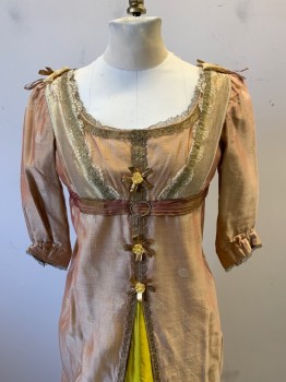 Womens, Historical Fiction Dress, COSPROP, Salmon Pink, Gold, Chartreuse Green, Silk, Solid, B34, 3/4 Sleeves, Empire Waist, Metallic Ribbon And Lace Appliques, Organza, Train, Regency,  Napoleon, Pride & Prejudice, 1811-1820