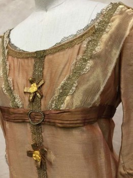 Womens, Historical Fiction Dress, COSPROP, Salmon Pink, Gold, Chartreuse Green, Silk, Solid, B34, 3/4 Sleeves, Empire Waist, Metallic Ribbon And Lace Appliques, Organza, Train, Regency,  Napoleon, Pride & Prejudice, 1811-1820
