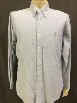 Mens, Casual Shirt, POLO, Lt Blue, Cotton, Solid, Oxford Weave, L, Button Front, Long Sleeves, Button Down Collar,