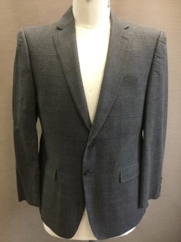 Mens, Sportcoat/Blazer, CALVIN KLEIN, Gray, Charcoal Gray, Lt Gray, Silk, Wool, Plaid-  Windowpane, 42S, Single Breasted, 2 Buttons,  3 Pockets, Notched Lapel, Hand Picked Lapel