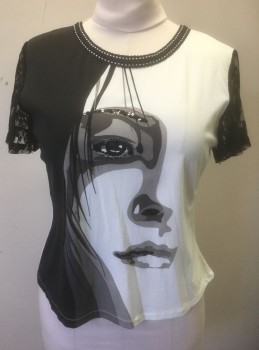 N/L, Cream, Black, Gray, Polyester, Human Figure, Stretchy Tee, Woman's Face Graphic with Black Sequins and Hanging Beads, Black Sheer Lace Short Sleeves, Black with White Dots Scoop Neck
