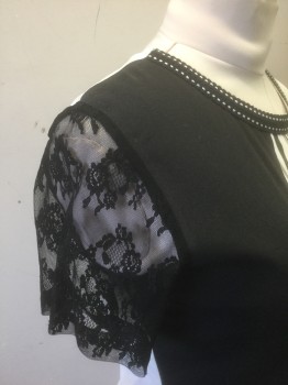 N/L, Cream, Black, Gray, Polyester, Human Figure, Stretchy Tee, Woman's Face Graphic with Black Sequins and Hanging Beads, Black Sheer Lace Short Sleeves, Black with White Dots Scoop Neck