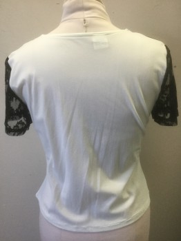 Womens, Top, N/L, Cream, Black, Gray, Polyester, Human Figure, L, Stretchy Tee, Woman's Face Graphic with Black Sequins and Hanging Beads, Black Sheer Lace Short Sleeves, Black with White Dots Scoop Neck