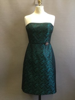 Womens, Cocktail Dress, LAUNDRY, Dk Green, Turquoise Blue, Black, Polyester, Acetate, Floral, 4, Strapless. Floral Satin Brocade. Black Piping at Bust Line and Waist. Zipper Center Back, Beaded Cluster Detail at Waist Left Front