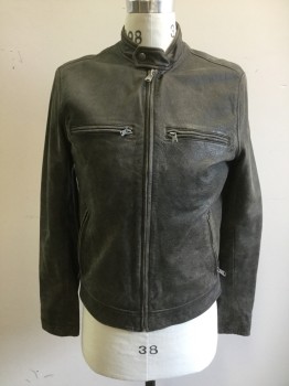 Mens, Leather Jacket, LUCKY BRAND, Gray, Leather, Solid, S, Zip Front, 4 Zip Pockets, Snap Tab Collar, Zip Sleeves