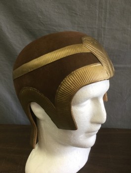 N/L MTO, Brown, Gold, Fiberglass, Suede, Brown Suede with Gold Faux Metal Trim/Edging, Eagle/Bird Detail Embossed on Front Face Opening, Fits Close to Head, Made To Order Egyptian Inspired