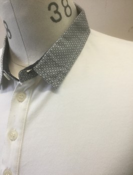 SELECTED HOMME, White, Navy Blue, Cotton, Solid, Geometric, Solid White Jersey, Collar is Navy/White Tiny Squares Pattern Woven Material, Short Sleeves, 5 Button Placket