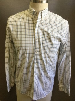 J CREW, White, Teal Blue, Gray, Beige, Cotton, Plaid - Tattersall, Button Down Collar, Long Sleeves, Button Front,