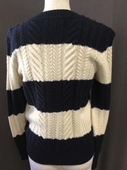 Womens, Pullover, J CREW, Navy Blue, Cream, Wool, Stripes, Cable Knit, XS, Crew Neck, Shoulder Buttons, Chain Knit/cable Knit, Etc