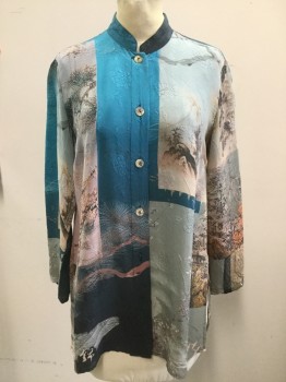 CITRON, Sea Foam Green, Turquoise Blue, Brown, Coral Orange, Silk, Asian Inspired Theme, Button Front, Band Collar,  Long Sleeves,
