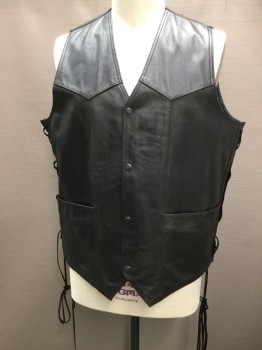 Mens, Leather Vest, LEATHER WORLD, Black, Leather, Solid, 5XL, Snap Front, Western Yoke, 2 Pockets, Lace Up Sides, Aged