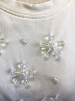 1.STATE, White, Clear, Cotton, Polyester, Floral, Solid, White Cotton Jersey, Sleeveless, with Clear and Pearl Beaded Flowers, Sheer White Chiffon Panels at Side Seams
