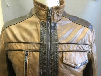 Mens, Casual Jacket, INC, Brown, Dk Brown, Faux Leather, Solid, S, Stand Up Collar with Rib Knit Lining, Zip Front, Slit Pockets, Dark Brown Piping Detail