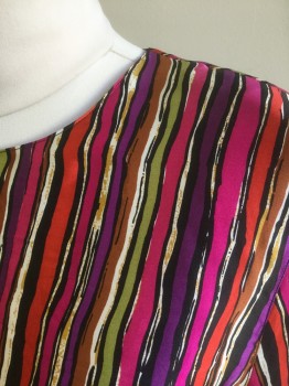 LA CHINE, Multi-color, Silk, Stripes - Vertical , Abstract , Sketchy Stripes, Long Sleeves, Round Neck, Padded Shoulders, 1 Button at Center Back Neck,