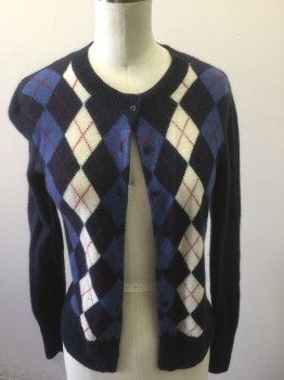 Womens, Sweater, LORD AND TAYLOR, Navy Blue, White, Slate Blue, Red, Cashmere, Argyle, XS, Crew Neck, Ribbed Neckline/waist Band