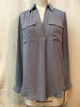 ANN TAYLOR, Gray, Polyester, Solid, V-neck, Collar Attached, 2 Pockets, Long Sleeves, Center Front Pleat