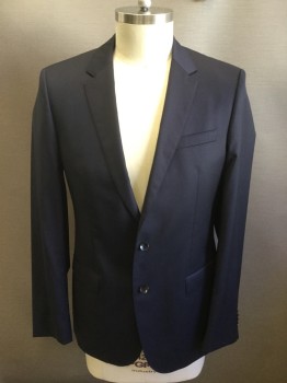 HUGO BOSS, Navy Blue, Wool, Solid, Single Breasted, Collar Attached, Notched Lapel, Hand Picked Collar/Lapel, 3 Pockets