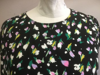 HALOGEN, Black, Green, White, Lavender Purple, Pink, Polyester, Abstract , Floral, Short Sleeves, Keyhole Center Back with 1 Button,