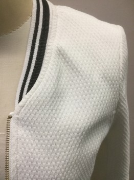 Womens, Casual Jacket, N/L, Ivory White, Black, Polyester, Cotton, Solid, XS, Texture Knit, Zip Front, Princess Seams, Black Stripes on Collar/Waist/Cuffs