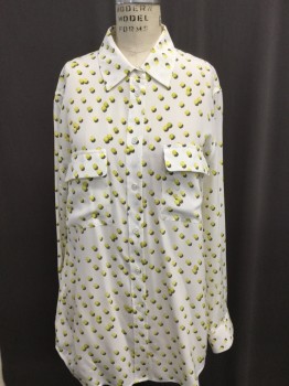 EQUIPMENT, Off White, Yellow, Gray, Silk, Polka Dots, Button Front, Collar Attached, Long Sleeves, 2 Pocket Flap, Tennis Ball Print