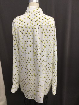 EQUIPMENT, Off White, Yellow, Gray, Silk, Polka Dots, Button Front, Collar Attached, Long Sleeves, 2 Pocket Flap, Tennis Ball Print