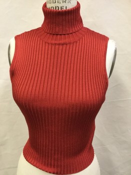 Womens, Top, FOREVER 21, Red, Rayon, Polyester, Solid, M, Red Ribbed, Turtleneck, Sleeveless,