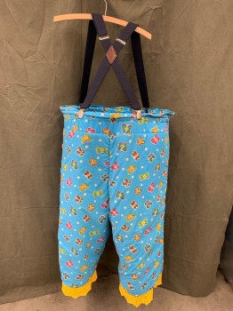 MTO, Blue, Yellow, Fuchsia Pink, Purple, Cotton, Novelty Pattern, Blue PANTS with Multi Color Butterfly Pattern, Yellow Lace Trim, Hoop Waist, Suspenders