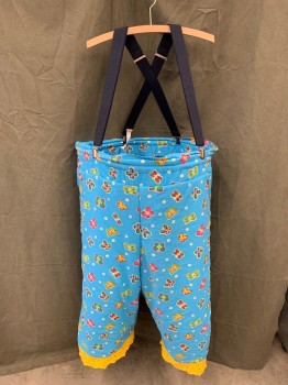 Unisex, Piece 2, MTO, Blue, Yellow, Fuchsia Pink, Purple, Cotton, Novelty Pattern, Blue PANTS with Multi Color Butterfly Pattern, Yellow Lace Trim, Hoop Waist, Suspenders