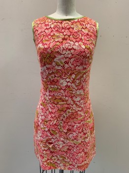 MR ROBERT, Hot Pink, Lime Green, White, Orange, Polyester, Floral, Sleeveless, Floral Lace Over Lining, Sheath, Green Bias Trim, Center Back Zipper, Has Mended Holes in Lace See Detail Photos, Darker at Center Back Hem,