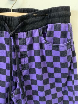 FOREVER 21, Purple, Black, Cotton, Check , Color Blocking, Faux Zipper Front, Elastic Waist, Drawstring, 4 Pockets